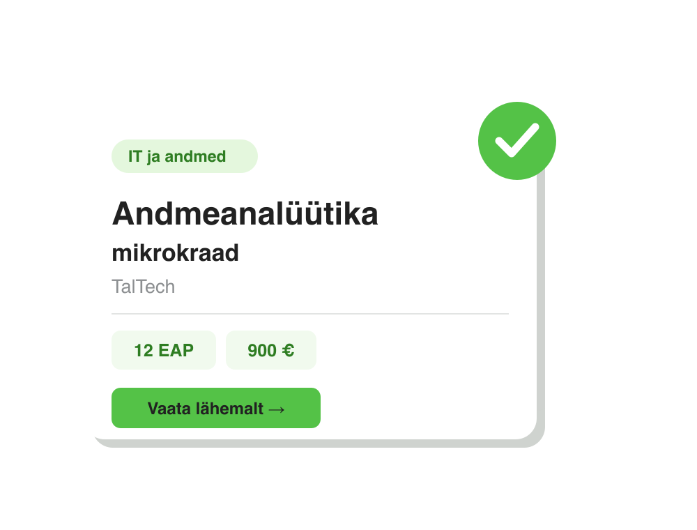 Mikrokvalifikatsiooni kataloogikaart: Andmeanalüütika mikrokraad, TalTech, 12 EAP, 900 €, tunnustatud tunnistus